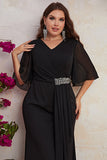 Plus Size Black Chiffon Long Mother of the Bride Dress with Ruffles