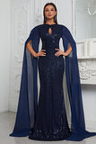 Sparkly Navy Mermaid Beaded Long Mother of the Bride Dress with Cape