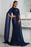 Sparkly Navy Mermaid Beaded Long Mother of the Bride Dress with Cape