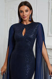 Sparkly Navy Mermaid Beaded Long Mother of the Bride Dress with Cape