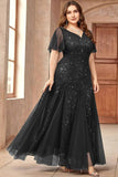 Sparkly Black Plus Size Long Mother of the Bride Dress with Appliques