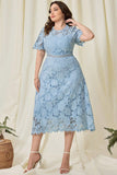 Sky Blue Lace Plus Size Tea-Length Mother of the Bride Dress