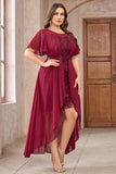 Burgundy Chiffon High-Low Mother of the Bride Dress with Lace