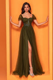 Olive Corset A Line Long Mother of the Bride Dress with Slit