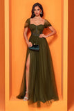 Olive Corset A Line Long Mother of the Bride Dress with Slit