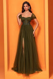 Olive Corset A Line Long Mother of the Bride Dress with Slit