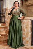 Olive Plus Size Satin Long Mother of the Bride Dress with Appliques