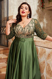 Olive Plus Size Satin Long Mother of the Bride Dress with Appliques