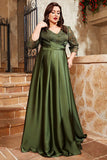Olive Satin A Line Long Mother of the Bride Dress with Appliques