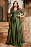 Olive Satin A Line Long Mother of the Bride Dress with Appliques