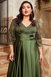 Olive Satin A Line Long Mother of the Bride Dress with Appliques
