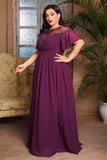 Grape Chiffon Boat Neck Long Mother of the Bride Dress