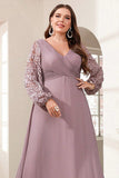 Purple Chiffon Long Sleeve Mother of the Bride Dress with Appliques