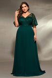 Pine Chiffon V Neck Long Mother of the Bride Dress with Appliques