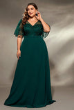 Pine Chiffon V Neck Long Mother of the Bride Dress with Appliques