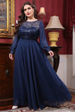 Navy Chiffon A line Long Sleeve Mother of the Bride Dress