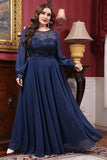 Navy Chiffon A line Long Sleeve Mother of the Bride Dress