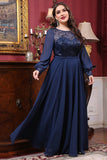 Navy Chiffon A line Long Sleeve Mother of the Bride Dress