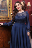 Navy Chiffon A line Long Sleeve Mother of the Bride Dress