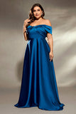 Ink Blue Satin A Line Long Mother of the Bride Dress