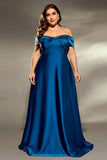 Ink Blue Satin A Line Long Mother of the Bride Dress