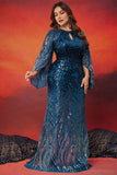 Sparkly Peacock Blue Mermaid Long Mother of the Bride Dress