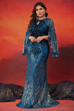 Sparkly Peacock Blue Mermaid Long Mother of the Bride Dress