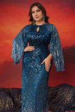 Sparkly Peacock Blue Mermaid Long Mother of the Bride Dress