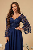 Navy Chiffon Floral Corset Long Mother of the Bride Dress