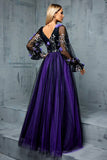 Floral Navy A Line Long Tulle Mother of the Bride Dress