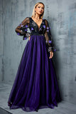 Floral Navy A Line Long Tulle Mother of the Bride Dress