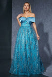 Blue Tulle Off the Shoulder Mother of the Bride Dress with Appliques