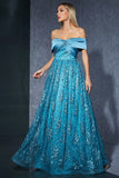 Blue Tulle Off the Shoulder Mother of the Bride Dress with Appliques