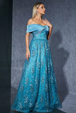 Blue Tulle Off the Shoulder Mother of the Bride Dress with Appliques