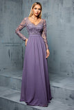 Purple Chiffon A Line Long Mother of the Bride Dress with Appliques
