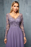 Purple Chiffon A Line Long Mother of the Bride Dress with Appliques