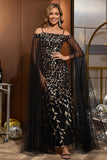 Black Gold Tulle Long Mother of the Bride Dress with Cape