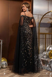 Black Gold Tulle Long Mother of the Bride Dress with Cape