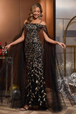 Black Gold Tulle Long Mother of the Bride Dress with Cape