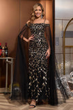 Black Gold Tulle Long Mother of the Bride Dress with Cape