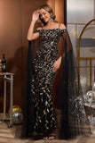 Black Gold Tulle Long Mother of the Bride Dress with Cape