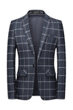 Dark Blue Plaid Notched Lapel Men's Blazer with Pockets