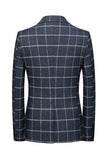 Dark Blue Plaid Notched Lapel Men's Blazer with Pockets