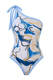 One Shoulder Print Beach Blue Swimsuit
