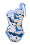 One Shoulder Print Beach Blue Swimsuit