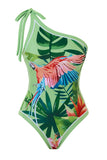 Green Tropical Print One Shoulder Swimsuit