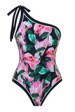 Balck Pink One Shoulder Floral Swimsuit