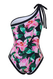 Balck Pink One Shoulder Floral Swimsuit