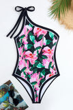 Balck Pink One Shoulder Floral Swimsuit