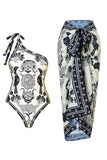 Black White One Shoulder Print Beach Swimsuit with Cover Up